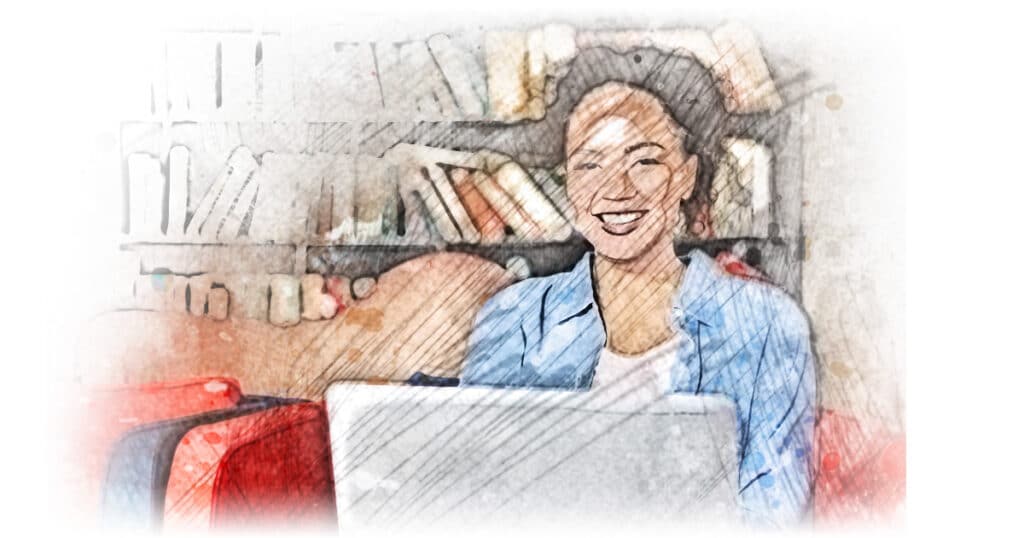 Cheerful female writer with attractive appearance wearing jean clothes sitting at sofa against shelves with books, working on her new article while using laptop computer and free wi-fi connection
